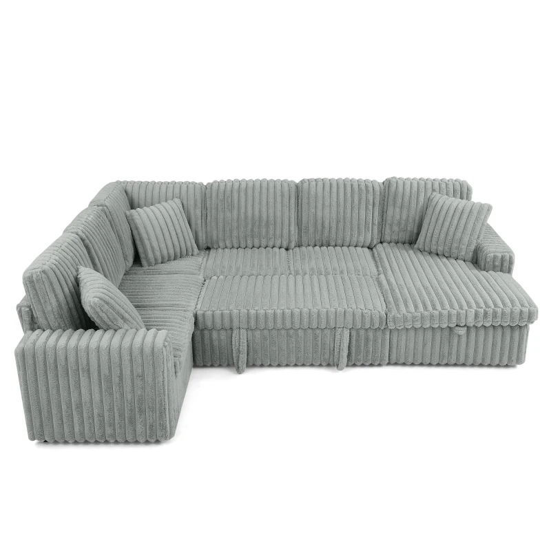 Modern Striped Corduroy U-Shaped Sofa with Pull-Out Bed, Versatile Storage Chaise Couch for Living Room Bedroom, 114'' L x 90"W x 37" H, Grey
