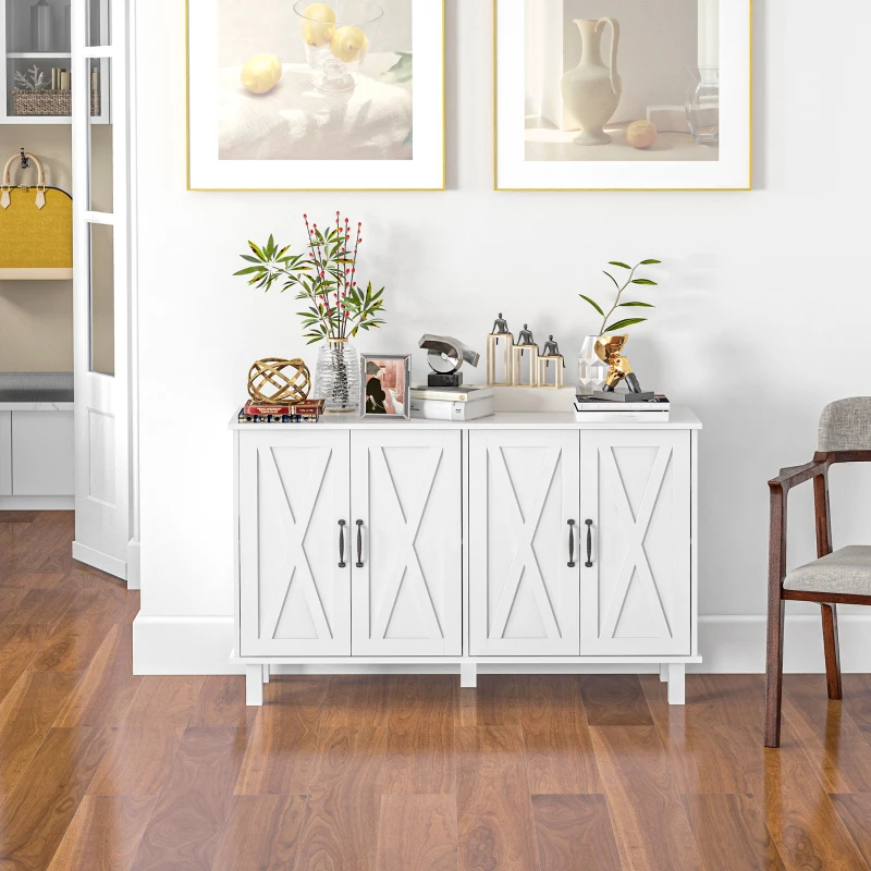 HOMCOM Kitchen Sideboard Cabinet with 4 Barn Doors and 2 Adjustable Shelves, Buffet Table for Living Room, Hallway, White