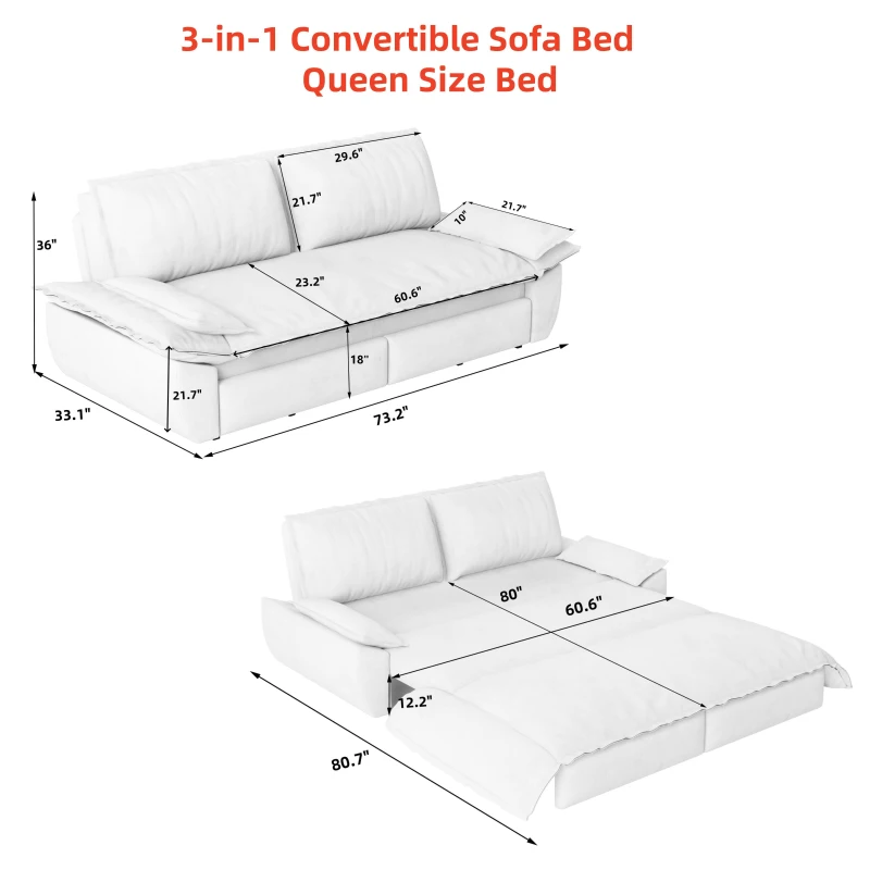 Modern Queen 3-in-1 Sleeper Sofa with Soft Corduroy Upholstery, Versatile Loveseat Bed with Pull-Out Frame, 73'' L x 33" W x 36" H, Blue