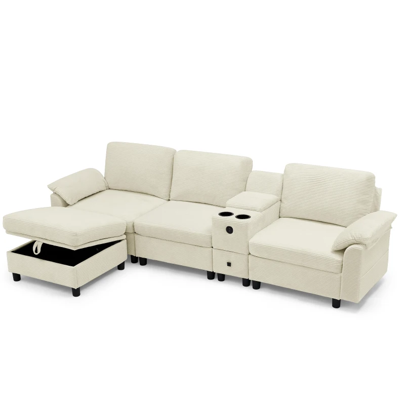 Modern Modular Sectional with All-in-One Storage, Chic L-Shaped Sofa with Cup Holder and Liftable Ottoman, 108.5'' L x 56.5" W x 32" H, Beige