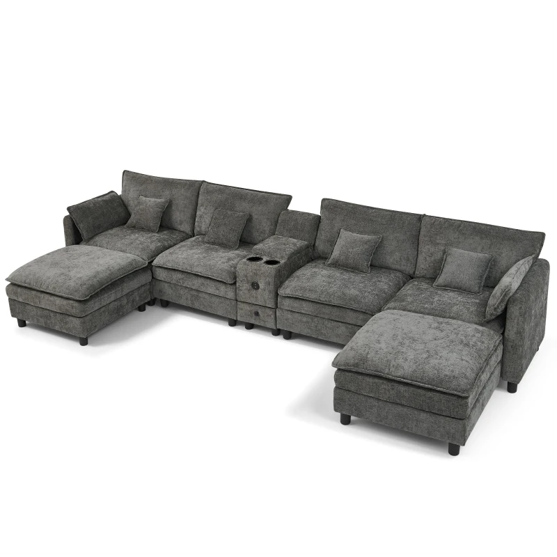 Cozy L-Shaped Sectional with Reversible Chaise and USB Port, Chic Sofa with Storage Drawer and Cup Holder, 137'' L x 58" W x 31" H, Dark Gray