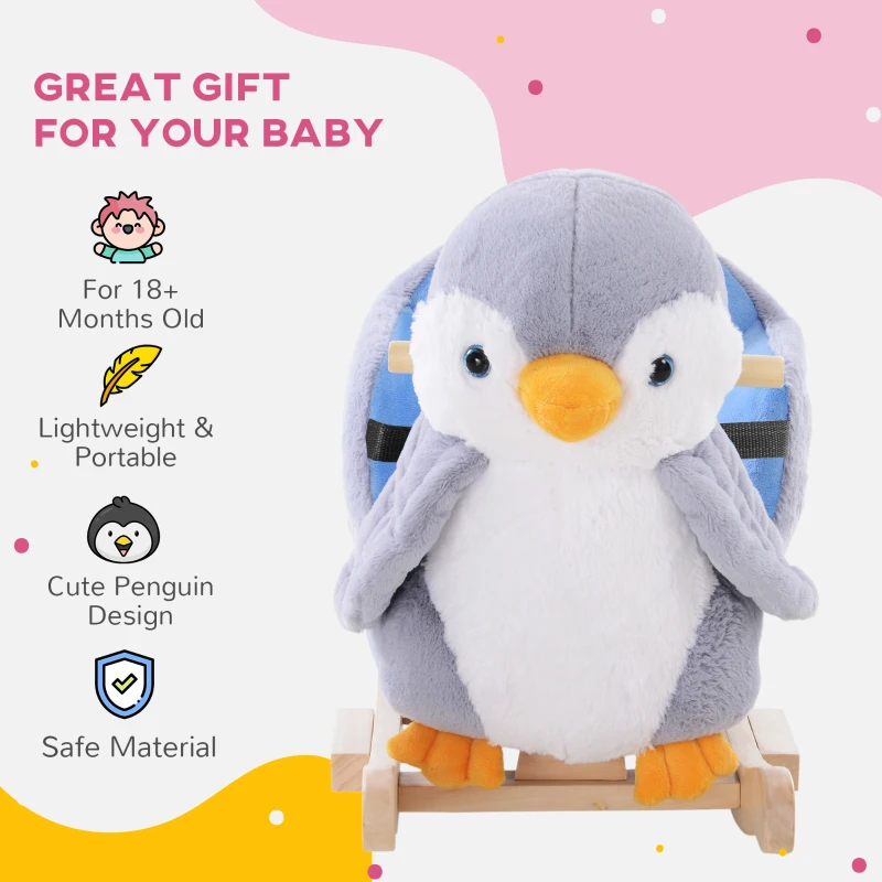 Qaba Baby Rocking Horse Gray Penguin, Kid Ride On Toy for 18 Months+, with Music, Seat Belt, for Boys and Girls Gift, Gray
