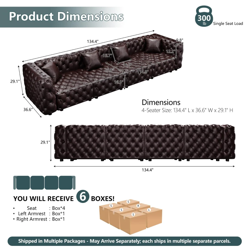 Timeless Faux Leather Sectional Sofa with Button Tufting, Roomy Modular 4-Seater Couch for Living Room, 134.5'' L x 36.5"W x 29" H, Dark Brown