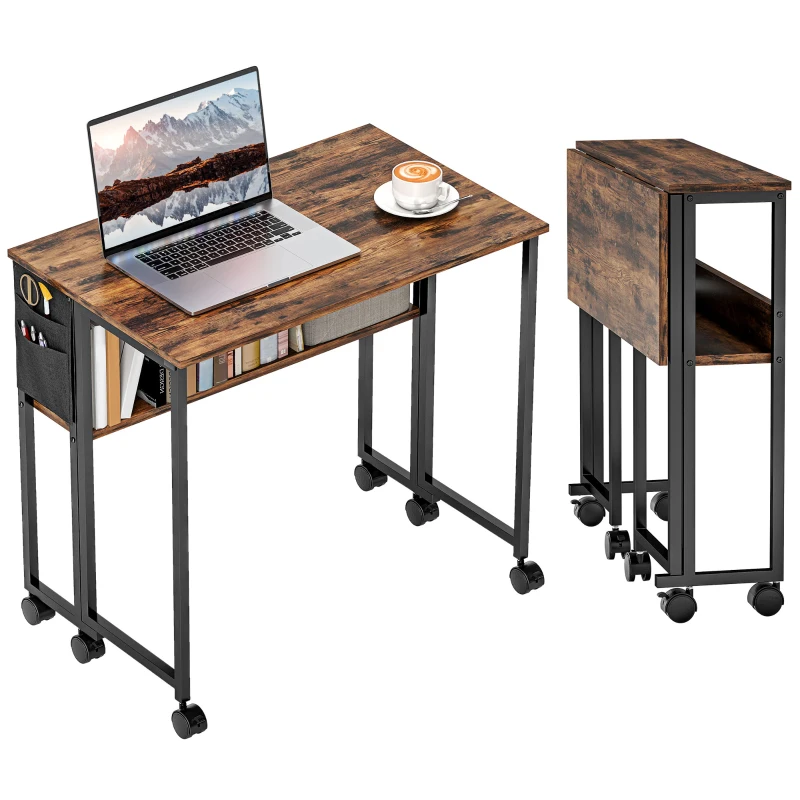 HOMCOM Folding Computer Desk, Foldable Desk with Storage Bag, Shelf and Wheels for Small Spaces, Home Office, Rustic Brown