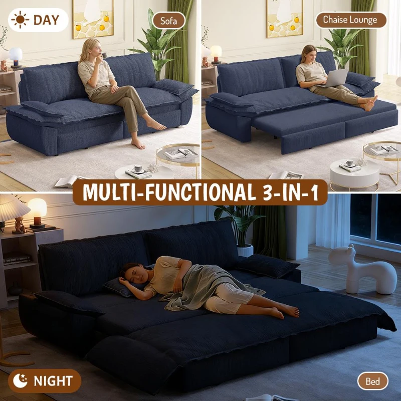 Modern Queen 3-in-1 Sleeper Sofa with Soft Corduroy Upholstery, Versatile Loveseat Bed with Pull-Out Frame, 73'' L x 33" W x 36" H, Blue