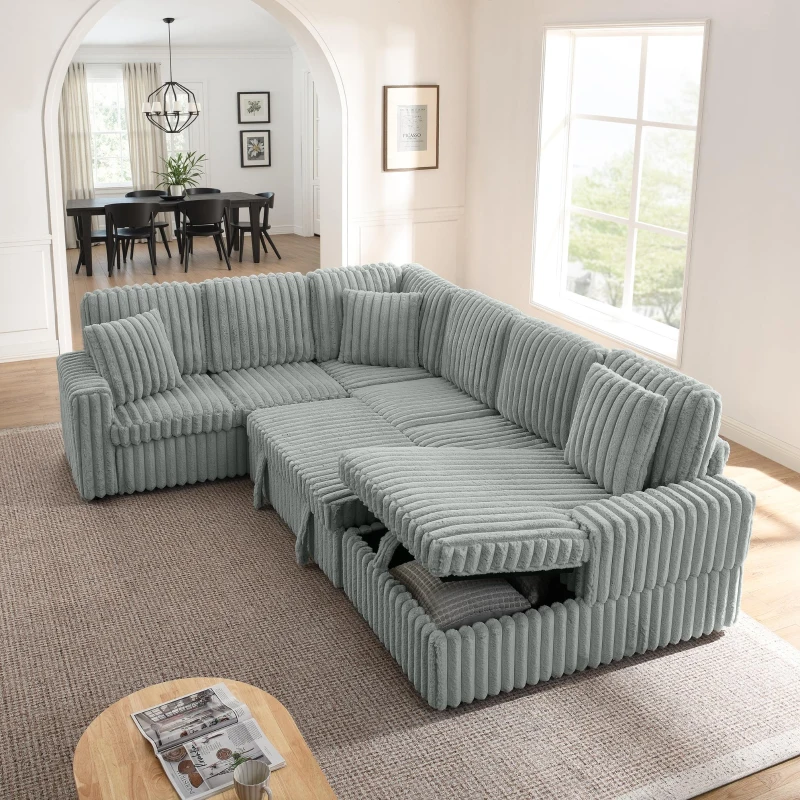 Modern Striped Corduroy U-Shaped Sofa with Pull-Out Bed, Versatile Storage Chaise Couch for Living Room Bedroom, 114'' L x 90"W x 37" H, Grey