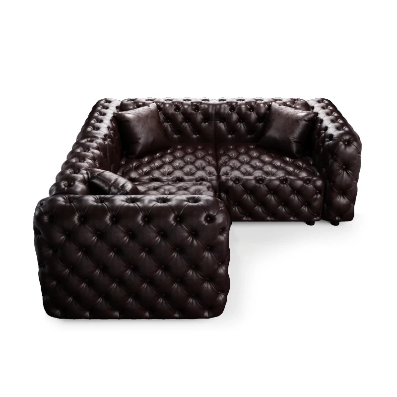 Modern Faux Leather Modular Sofa with Button Tufting and 3 Pillows, Elegant Sectional Couch for Living Room, 75'' L x 75" W x 29" H, Dark Brown