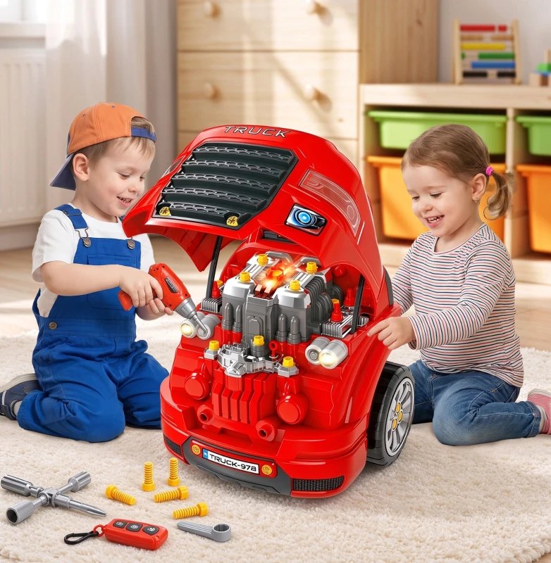 Qaba Mechanic Kids Truck Engine Toy Set, Car Service Play Set, Red