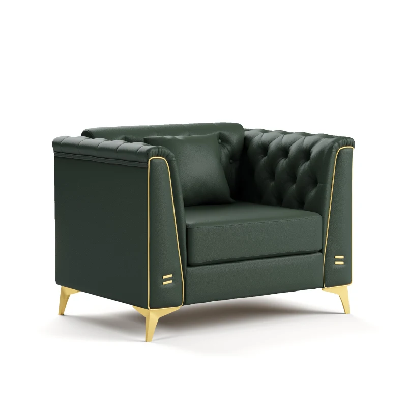 Elegant Chesterfield Armchair with Button Tufting, Chic Faux Leather Couch with Metal Trim and Pillow, 40'' L x 30.5" W x 30.5" H, Green
