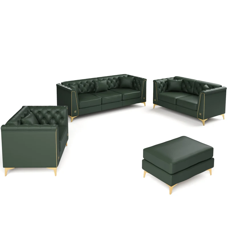 Elegant Modular Chesterfield Sofa Set with Button Tufting, Chic Faux Leather Couch with 6 Pillows, 81.5'' L x 30.5" W x 30.5" H, Green