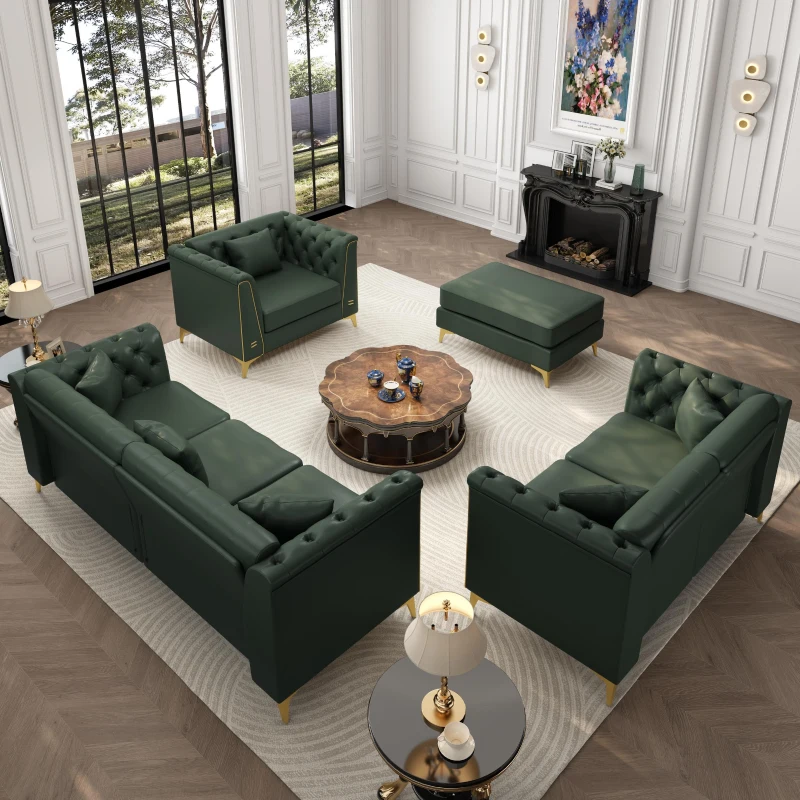 Elegant Modular Chesterfield Sofa Set with Button Tufting, Chic Faux Leather Couch with 6 Pillows, 81.5'' L x 30.5" W x 30.5" H, Green