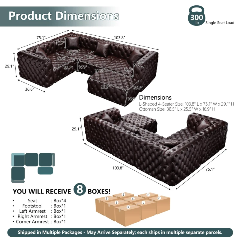Striking Faux Leather L-Shaped Sofa with Button Tufting, Supportive Modular 4-Seater Couch for Living Room, 103.5'' L x 75"W x 29" H, Dark Brown