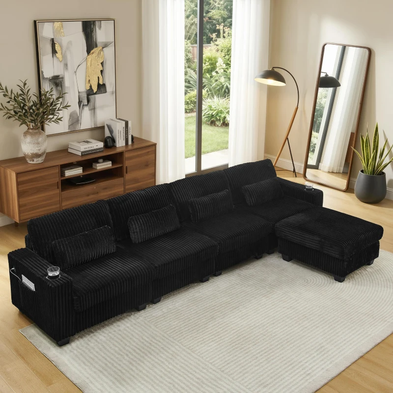 Versatile Corduroy Modular Sectional Sofa with Detachable Footrest, Modern L-Shaped Couch for Living Room, 124.5'' L x 31.5"W x 30" H, Black