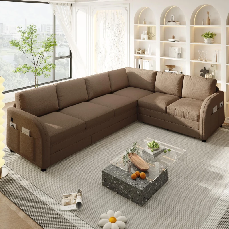 Modern L-Shaped Sectional with Pull-Out Bed, Chic Sleeper Couch with USB Port and Side Pocket, 115'' L x 83.5" W x 36.5" H, Brown