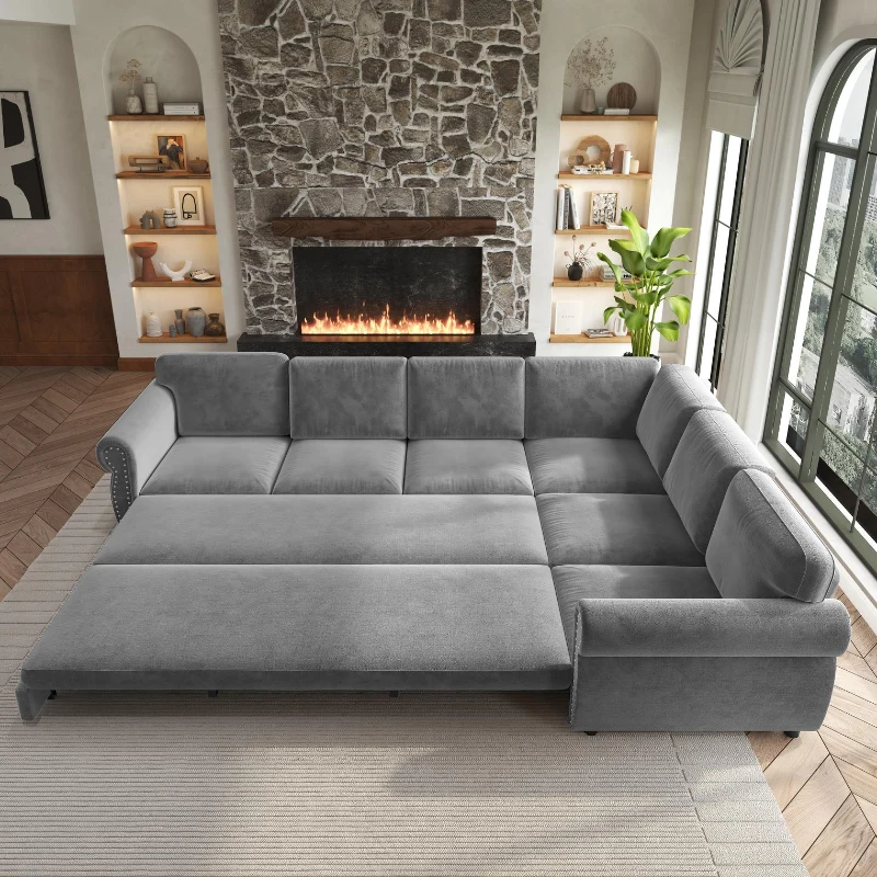 Elegant L-Shaped Sectional with Pull-Out Bed, Chic Chenille Sleeper Couch with Nailhead Trim, 118'' L x 86.5" W x 36.5" H, Light Grey