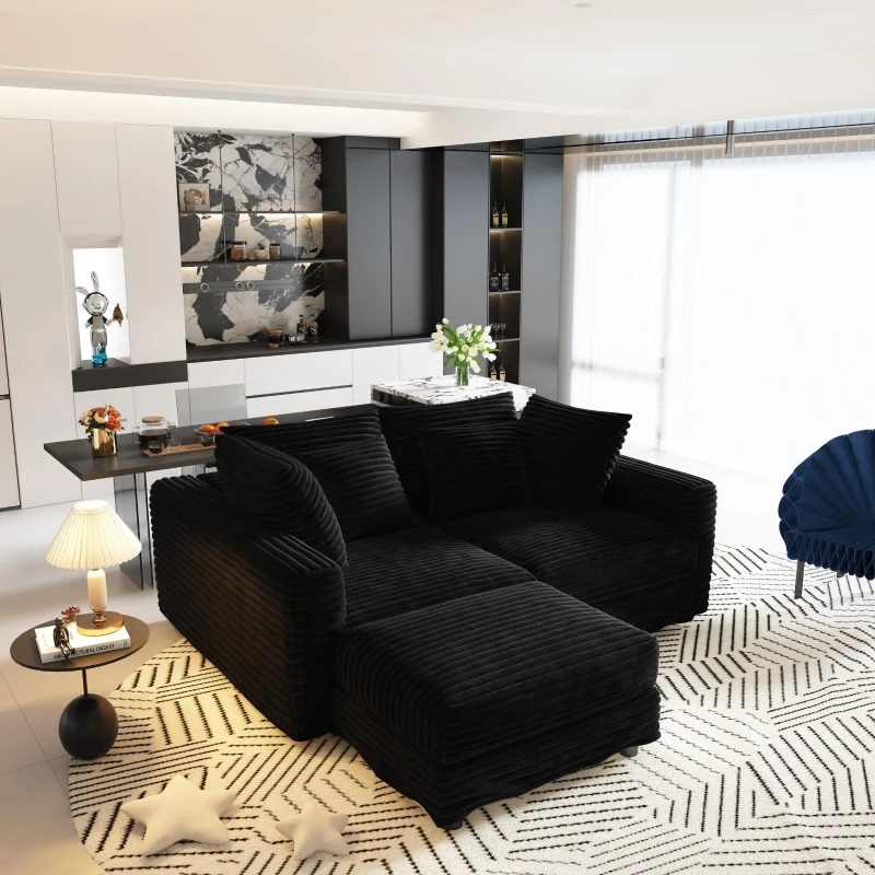 Lush Corduroy Cloud 4-Seat Sofa with Movable Ottoman, Adaptable Convertible Lounge Chair for Living Room, 102.5'' L x 59"W x 25.5" H, Black