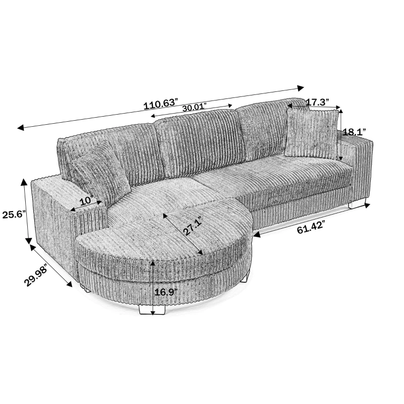 Elegant L-Shaped Modular Sleeper Sectional with Reversible Chaise, Tufted Corduroy Sofa with Arc Footstool, 110.5'' L x 57" W x 25.5" H, Grey