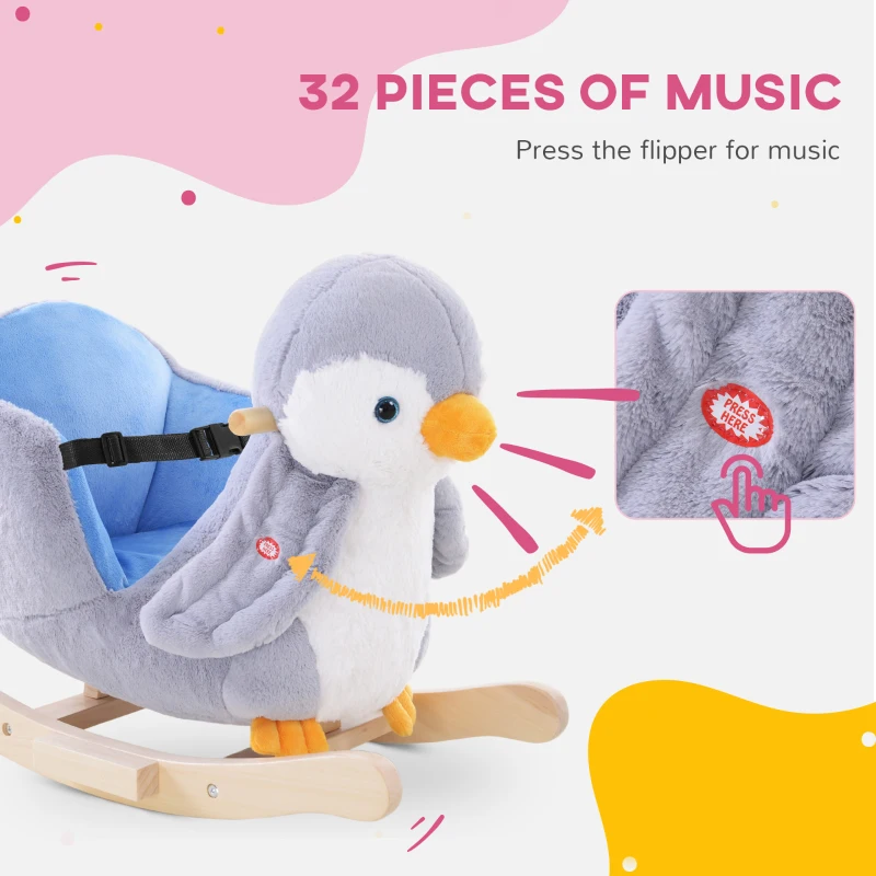 Qaba Baby Rocking Horse Gray Penguin, Kid Ride On Toy for 18 Months+, with Music, Seat Belt, for Boys and Girls Gift, Gray