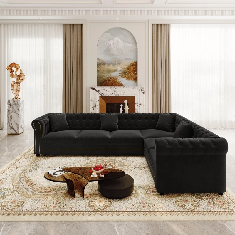 Elegant L-Shaped Sectional with Pull-Out Bed, Soft Velvet Sleeper Sofa with Tufting and Gold Trim, 115.5'' L x 87.5" W x 29" H, Black