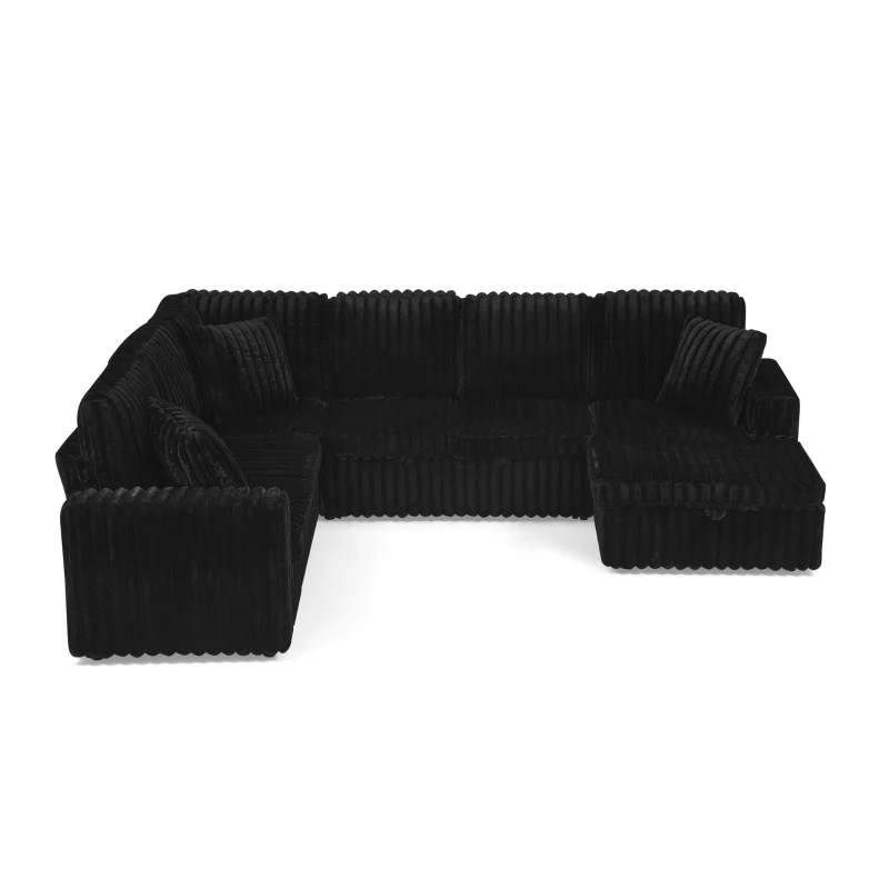 Modern U-Shaped Sectional with Pull-Out Bed and Storage Chaise, Corduroy Sofa with Adjustable Backrests, 114'' L x 90" W x 37" H, Black