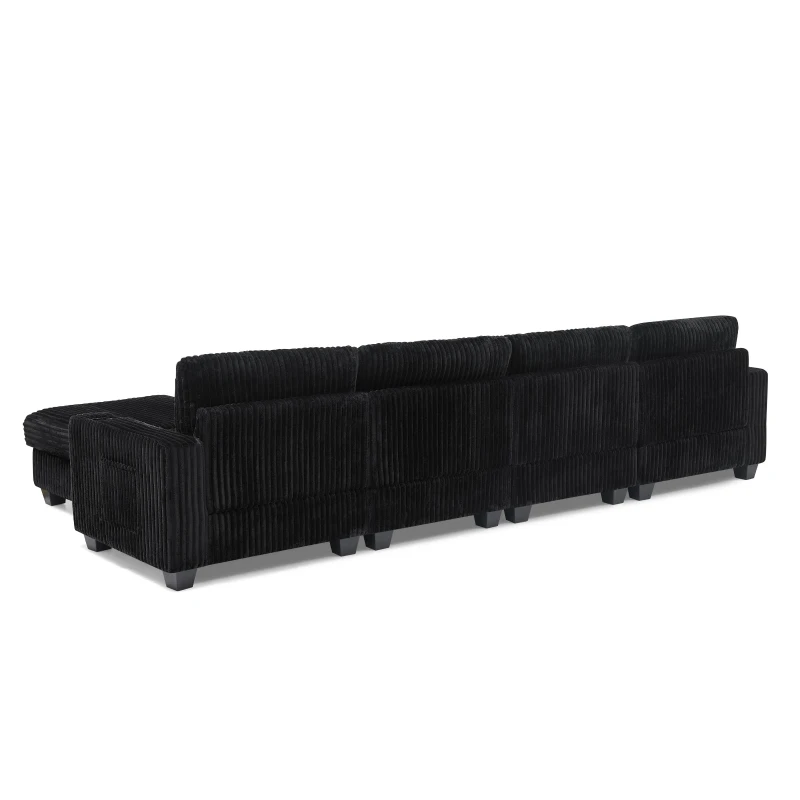 Versatile Corduroy Modular Sectional Sofa with Detachable Footrest, Modern L-Shaped Couch for Living Room, 124.5'' L x 31.5"W x 30" H, Black