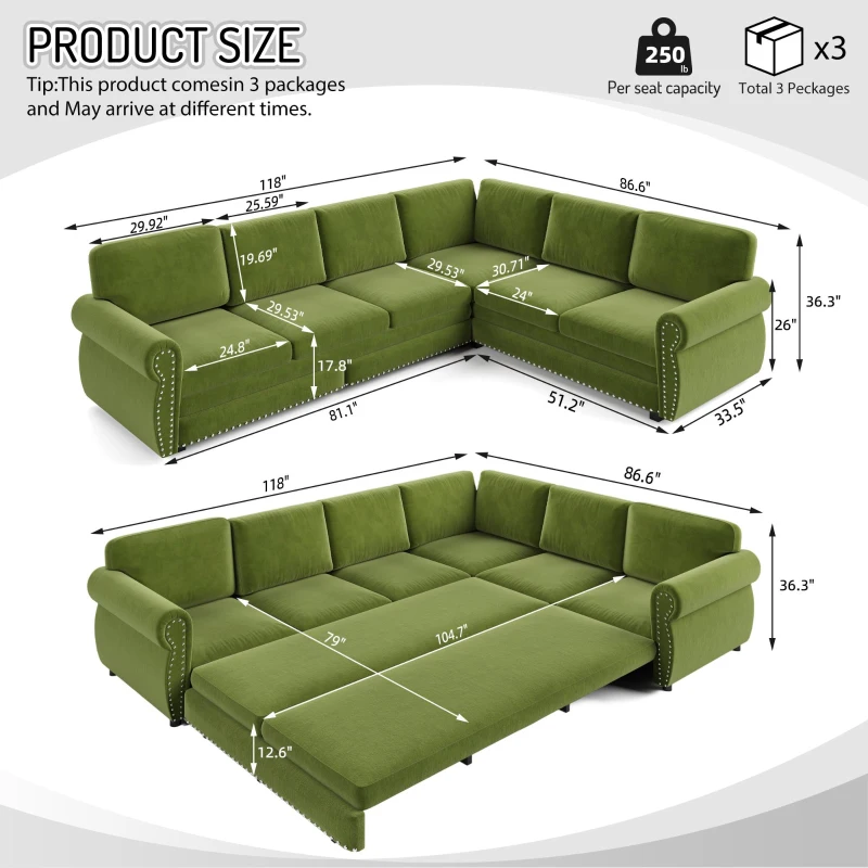 Vibrant L-Shaped Sectional Sofa with Pull-Out Bed, Comfy Convertible Sleeper Couch for Living Room, 118'' L x 86.5"W x 36.5" H, Grass Green