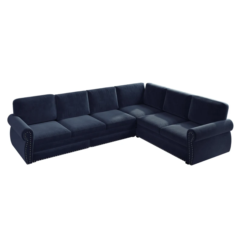 Chenille L-Shaped Sectional Sofa with Pull-Out Bed and Nailhead Trim, Convertible Sleeper Couch with Rolled Arms, 118'' L x 86.5" W x 36" H, Blue