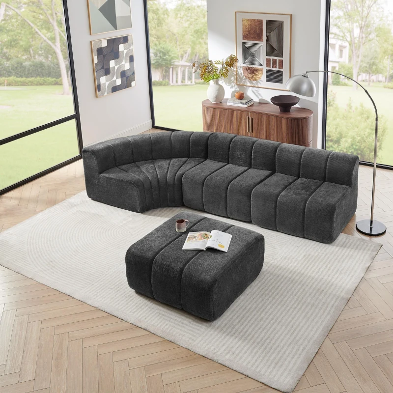 Modern Semi-Curved Modular Sectional Sofa with Movable Ottoman, Cozy Stitched Chenille Couch for Living Room, 116.5'' L x 76"W x 25.5" H, Black