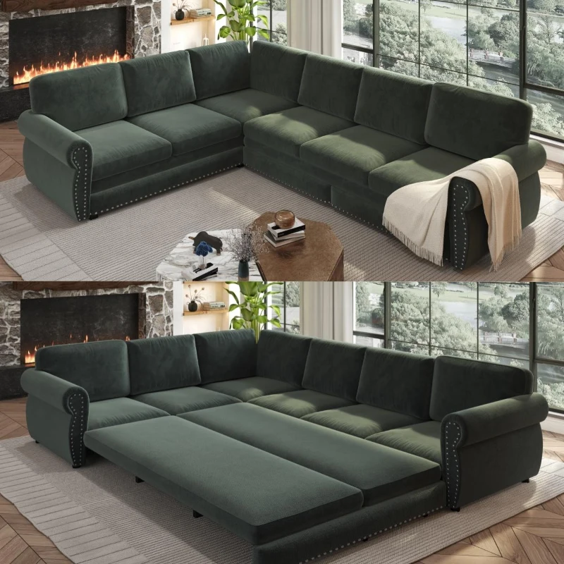 Chic L-Shaped Sectional with Pull-Out Bed and Nailhead Trim, Versatile Chenille Sleeper Sofa for Living Room, 118'' L x 86.5" W x 36.5" H, Green