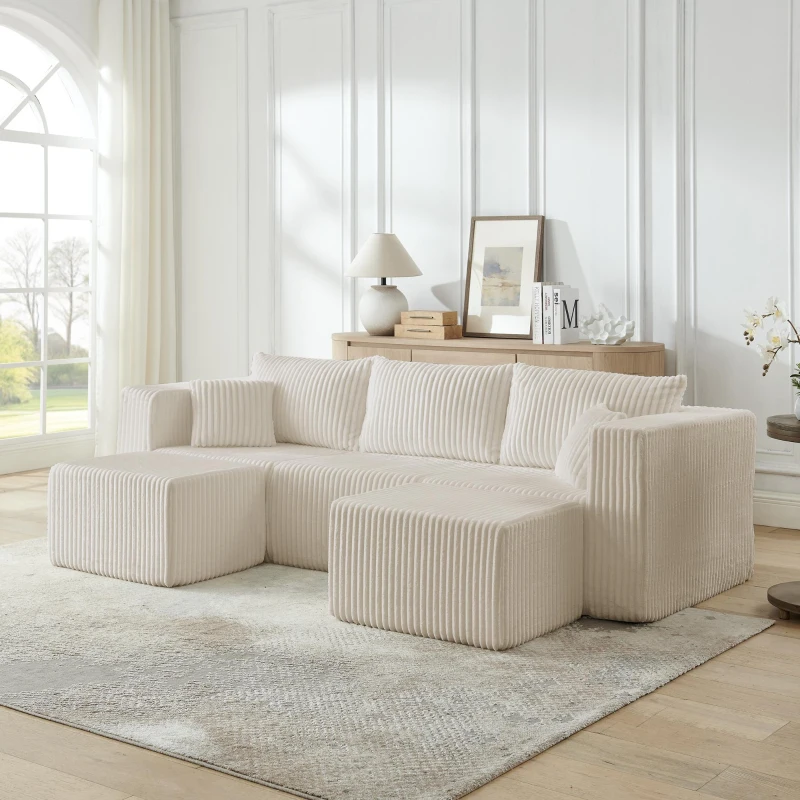 Flexible Corduroy Modular Sofa with High-Density Foam, Cozy Compact Sectional for Small Space Apartment, 42'' L x 18"W x 17.5" H, Beige