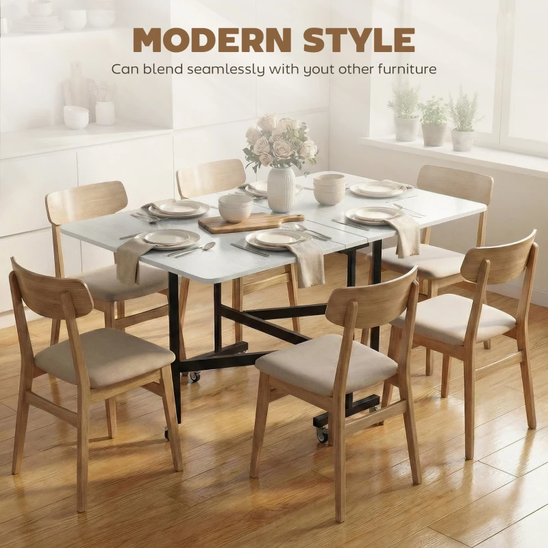 HOMCOM Drop-Leaf Table for Small Spaces, Extendable Kitchen Table with 6 Smooth Wheels & Brakes, Space-Saving Design, White