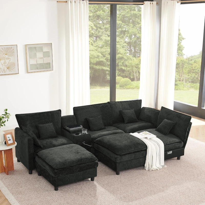 Modern L-Shaped Sectional with Reversible Chaise and USB Port, Chic Sofa with Storage Drawer and Cup Holder, 137'' L x 58" W x 31" H, Black