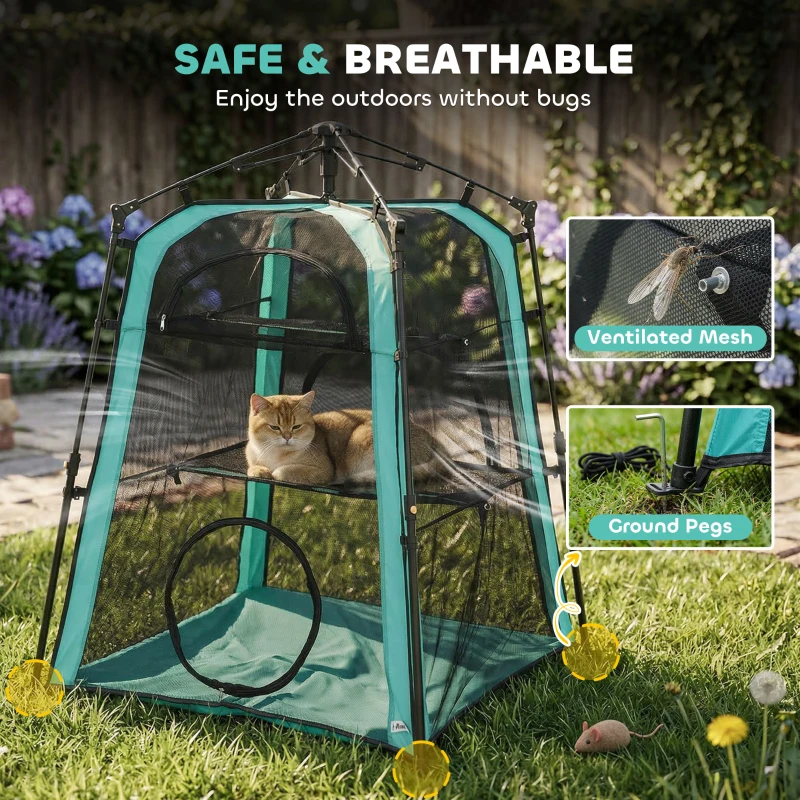 PawHut Catio Outdoor Cat Enclosure, 3-Tier Pop Up Cat Tent with Multi-Door Design, Breathable Mesh & Carry Bag, Green