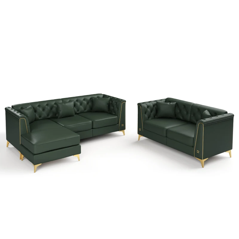 Elegant Modular Chesterfield Sofa with Button Tufting, Versatile Faux Leather Couch with 5 Pillows, 81.5'' L x 30.5" W x 30.5" H, Green