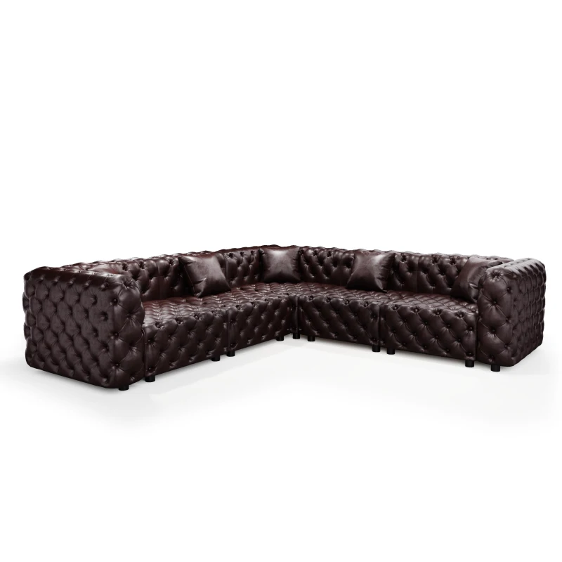 Stately Faux Leather L-Shaped Sofa with Button Tufting, Generous Modular 5-Seater Couch for Living Room, 132.5'' L x 75"W x 29" H, Dark Brown