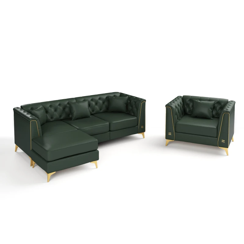 Elegant Chesterfield Sofa Set with Button Tufting, Chic Faux Leather Couch with 4 Pillows and Ottoman, 81.5'' L x 30.5" W x 30.5" H, Green