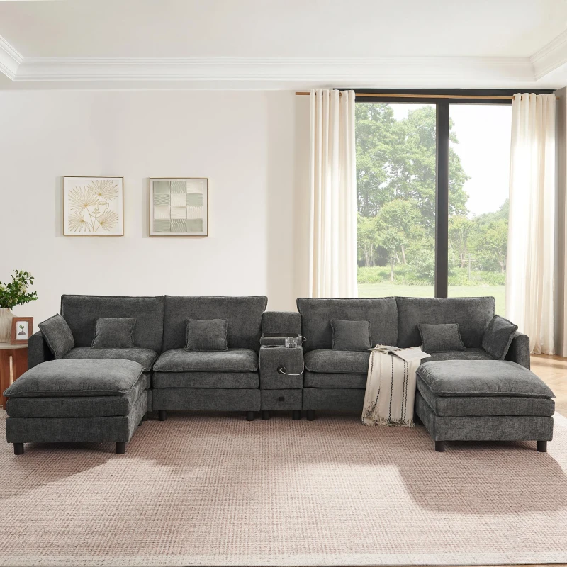 Cozy L-Shaped Sectional with Reversible Chaise and USB Port, Chic Sofa with Storage Drawer and Cup Holder, 137'' L x 58" W x 31" H, Dark Gray