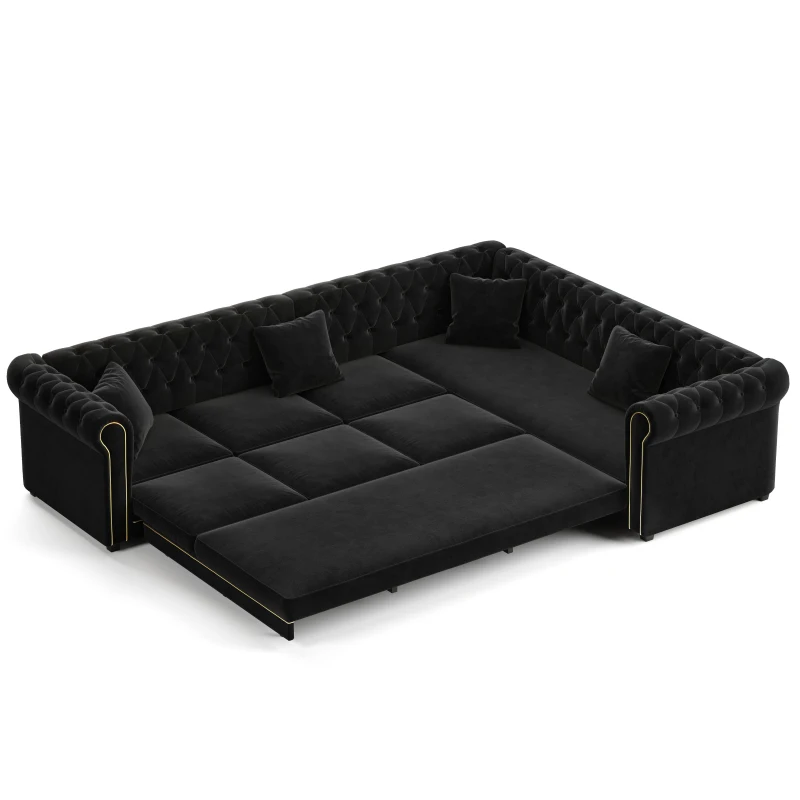 Elegant L-Shaped Sectional with Pull-Out Bed, Soft Velvet Sleeper Sofa with Tufting and Gold Trim, 115.5'' L x 87.5" W x 29" H, Black