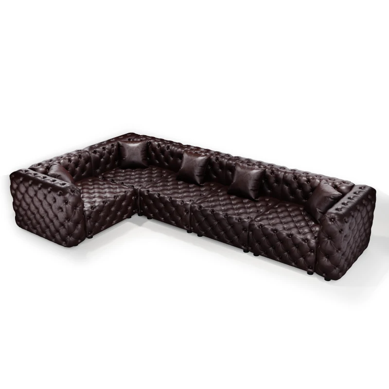 Stately Faux Leather L-Shaped Sofa with Button Tufting, Generous Modular 5-Seater Couch for Living Room, 132.5'' L x 75"W x 29" H, Dark Brown