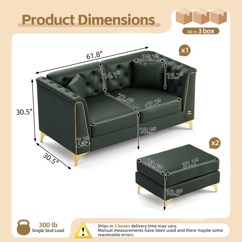 Elegant 2-Seater Chesterfield Sofa with Button Tufting, Faux Leather Couch with Metal Trim and 2 Pillows, 61.5'' L x 30.5" W x 30.5" H, Green