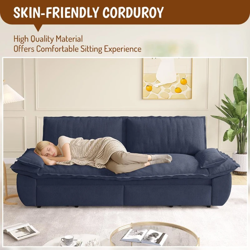 Modern Queen 3-in-1 Sleeper Sofa with Soft Corduroy Upholstery, Versatile Loveseat Bed with Pull-Out Frame, 73'' L x 33" W x 36" H, Blue