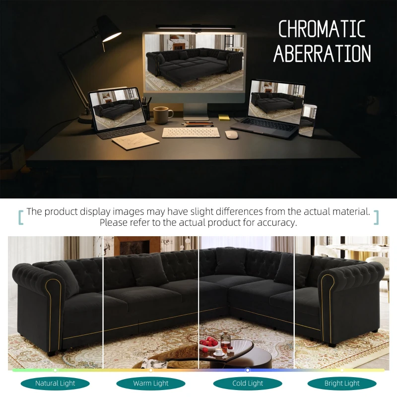Elegant L-Shaped Sectional with Pull-Out Bed, Soft Velvet Sleeper Sofa with Tufting and Gold Trim, 115.5'' L x 87.5" W x 29" H, Black