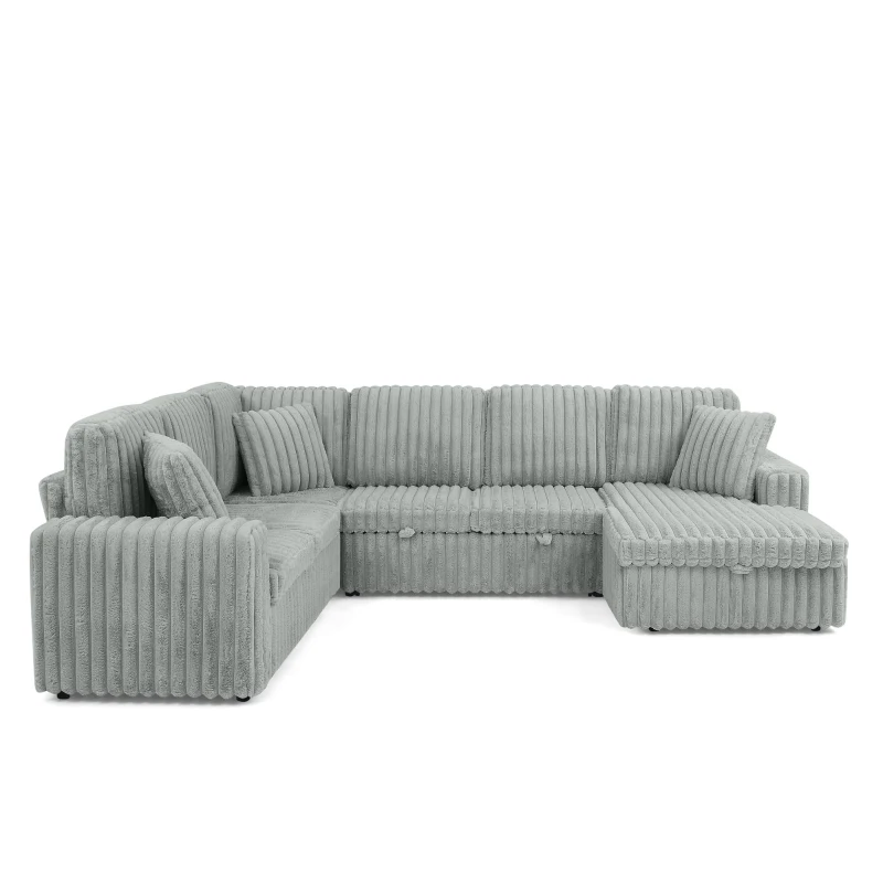 Modern Striped Corduroy U-Shaped Sofa with Pull-Out Bed, Versatile Storage Chaise Couch for Living Room Bedroom, 114'' L x 90"W x 37" H, Grey