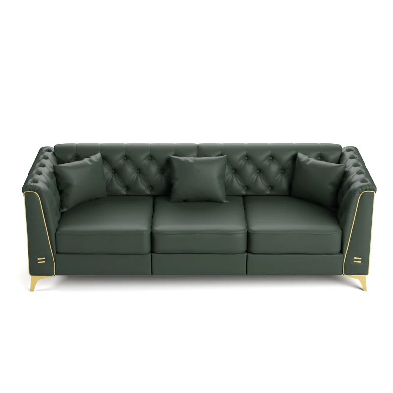 Elegant 3-Seat Chesterfield Sofa with Button Tufting, Chic Faux Leather Couch with Metal Trim and 3 Pillows, 81.5'' L x 30.5" W x 30.5" H, Green