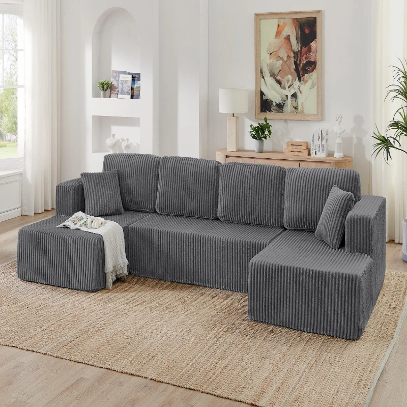 Cozy U-Shaped Sectional with Skin-Friendly Corduroy and Foam, Space-Saving Sleeper Sofa with No Assembly, 132.5'' L x 61" W x 25.5" H, Gray