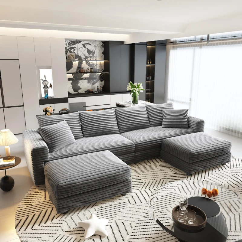 Plush Corduroy Cloud 4-Seat Sofa with 3 Ottomans, Comfy Convertible Lounge Chair for Apartment Office, 102.5'' L x 35.5"W x 25.5" H, Grey