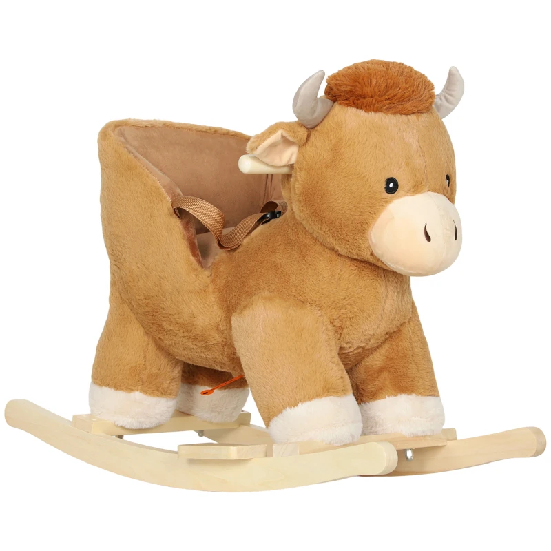 Qaba Baby Rocking Horse with Cute Cow Stuffed Plush, Music, Safety Belt, Wooden Rocking Horse for 1-3 Years, Brown