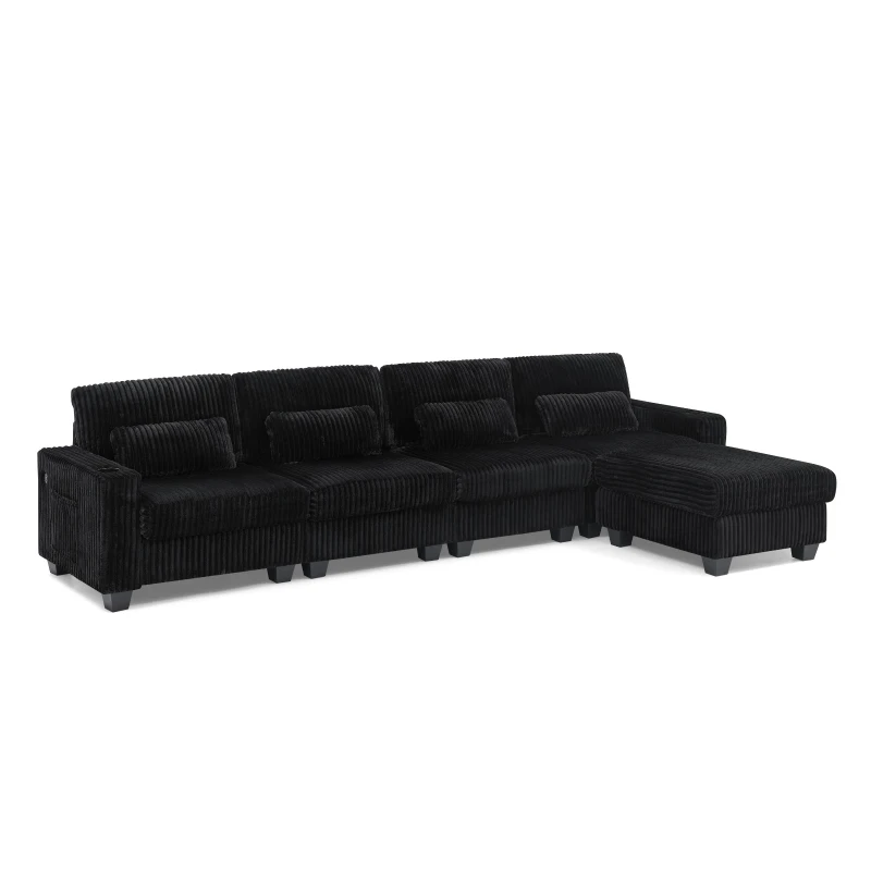 Versatile Corduroy Modular Sectional Sofa with Detachable Footrest, Modern L-Shaped Couch for Living Room, 124.5'' L x 31.5"W x 30" H, Black