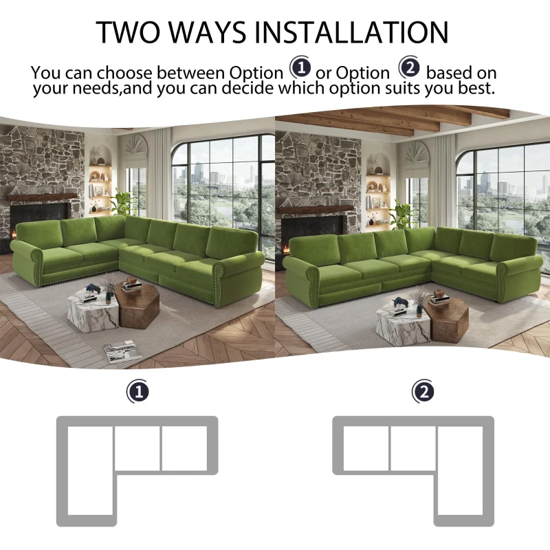 Vibrant L-Shaped Sectional Sofa with Pull-Out Bed, Comfy Convertible Sleeper Couch for Living Room, 118'' L x 86.5"W x 36.5" H, Grass Green