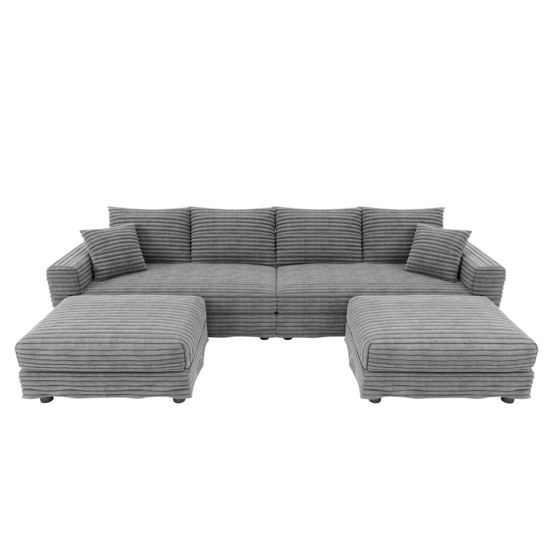 Cloud-Soft Corduroy 4-Seat Sofa with 2 Ottomans, Easy Convertible Lounge Chair for Apartment Office, 102.5'' L x 35.5"W x 25.5" H, Grey